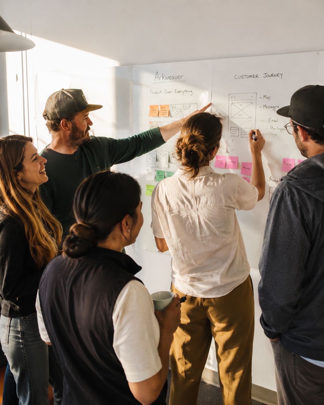 Cross-functional team planning around a whiteboard